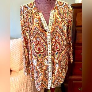 Democracy Boho Floral Print Long Sleeve Button up Top size M